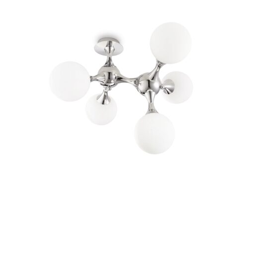 Plafoniera cromata abajururi sticla alba 5xE14/28W, NODI PL5 073712 Ideal Lux