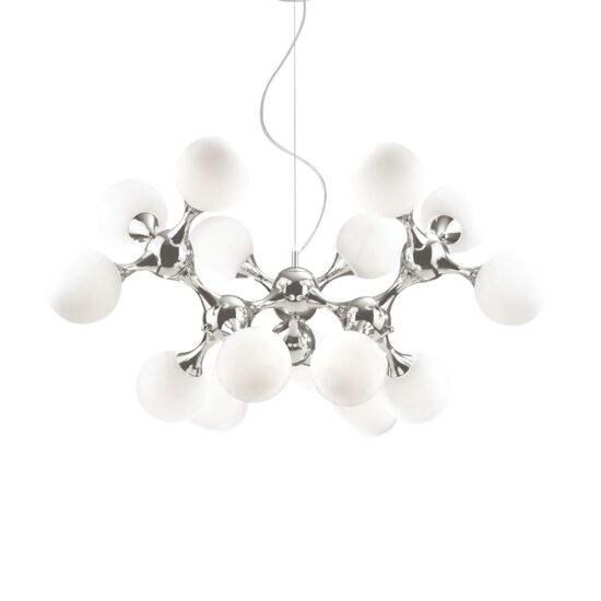 Candelabru cromat abajururi sticla alba 15xE14/28W, NODI SP15 082073 Ideal Lux
