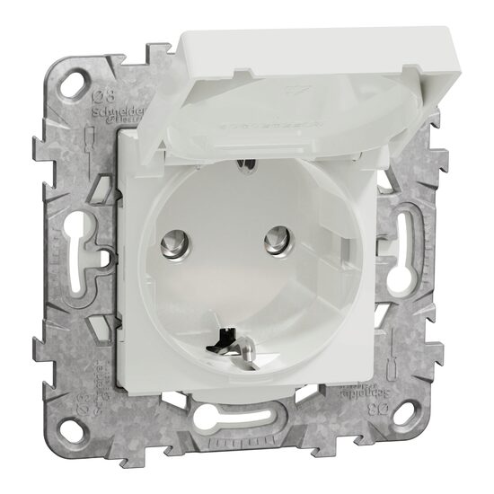 Priza 2P+E 16A IP44+suport fixare, capac, obturatoare, alb NOUA UNICA Schneider Electric, NU508218