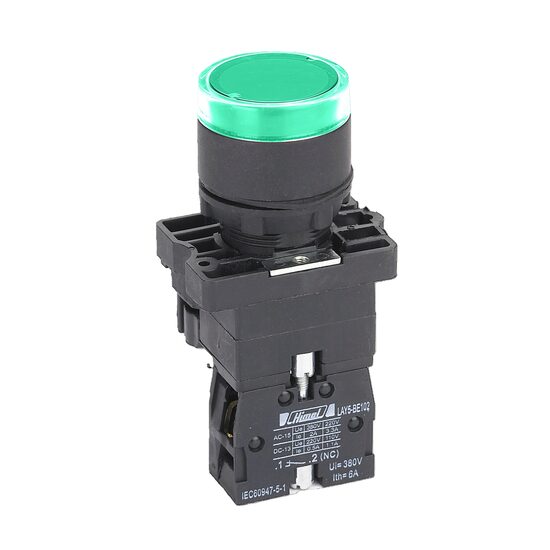 Buton metalic iluminat, verde, incastrat, 24V LED, 1NO, Himel HLAY5BW33B1L