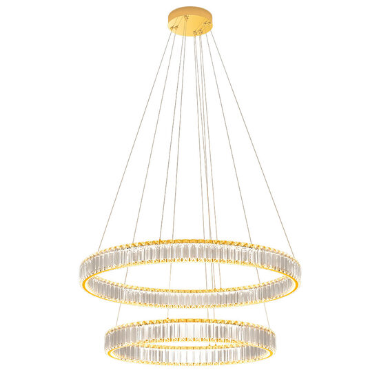 Lustra Akala moderna aurie cu cristale, dimmabila in 3 pasi, LED 84W/10612lm/3000K, CRI90, IAK PR M+L, Incanti