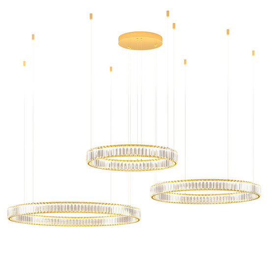 Lustra Akala moderna aurie cu cristale, dimmabila in 3 pasi, LED 142W/17444lm/3000K, CRI90, IAK PR M+L+XL, Incanti