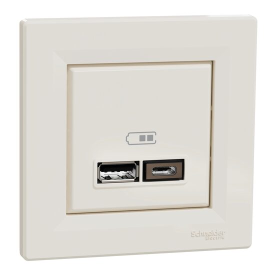 Priza dubla incarcare USB 2.4A, crem, Asfora Schneider Electric, EPH2700323