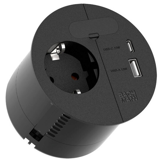 Multipriza neagra, 22W, 1xCEE7/3,1xUSB, loc pentru cabluri, Loop in Charger 938.201, Bachmann