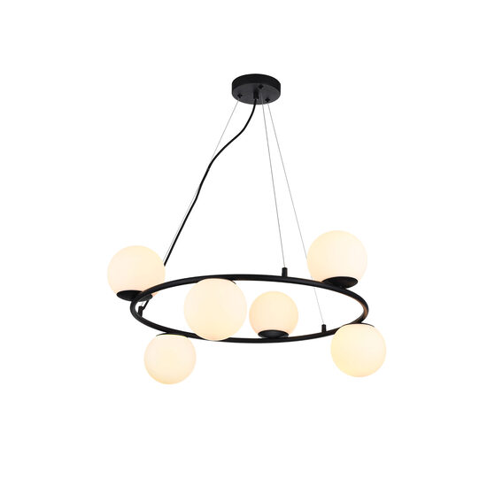 Lustra moderna negru mat abajururi sticla opal 6xE27/28W, Bowling 01-3158 Smarter