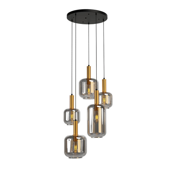 Lustra moderna negru mat detaliu auriu abajururi sticla fumurie 5xE27/23W, Brina 01-3214 Smarter