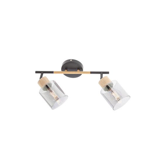 Spot negru mat detaliu vopsit lemn abajur sticla fumurie, Hansen 2xE27/42W, 04-528 Smarter