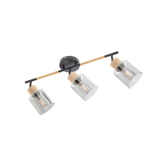 Spot negru mat detaliu vopsit lemn abajur sticla fumurie, Hansen 3xE27/42W, 04-529 Smarter