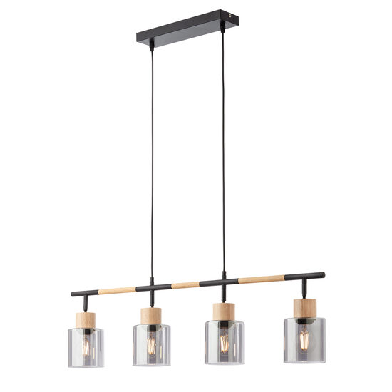 Lustra negru mat detaliu vopsit lemn abajur sticla fumurie, Hansen 4xE27/42W, 04-530 Smarter