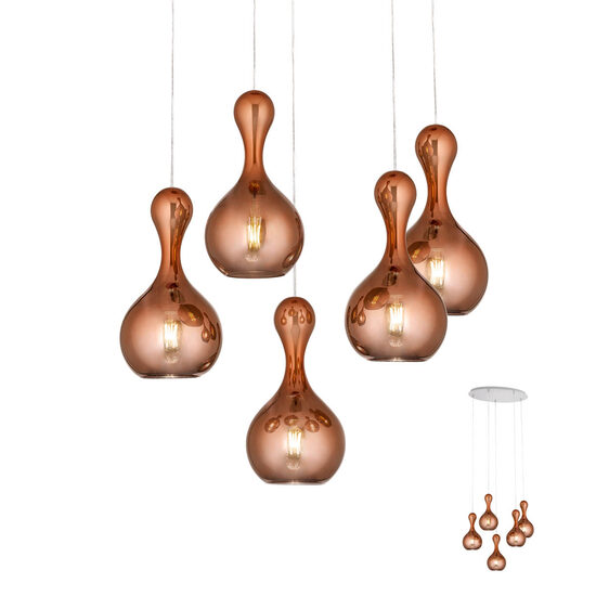 Lustra moderna cuprată abajururi sticla 5xE27/42W, Lob 01-2263 Redo