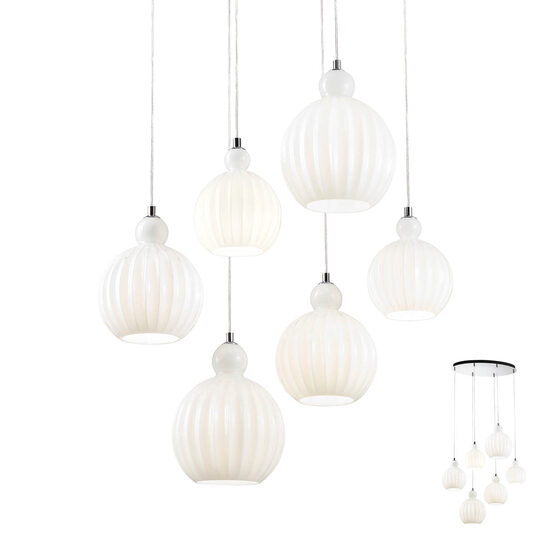 Lustra moderna cromata abajururi sticlă alba 6xE14/42W, Plumen 01-2068 Redo