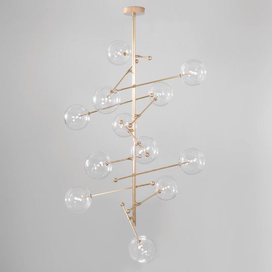 Candelabru modern cu 12 brate din alama masiva si abajururi din sticla suflata, RD 15, B100 SchwungHome