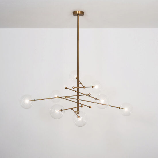 Candelabru modern cu 8 brate din alama masiva si abajururi din sticla suflata, RD 15, B080 Schwunghome