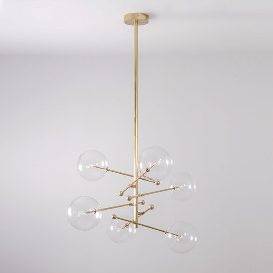 Candelabru modern cu 6 brate din alama masiva si abajururi din sticla suflata, RD 15, B013 SchwungHome