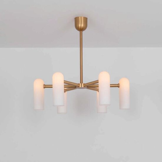 Candelabru modern cu 6 brate din alama masiva si abajururi din sticla opal, Odyssey SM, B154 SchwungHome
