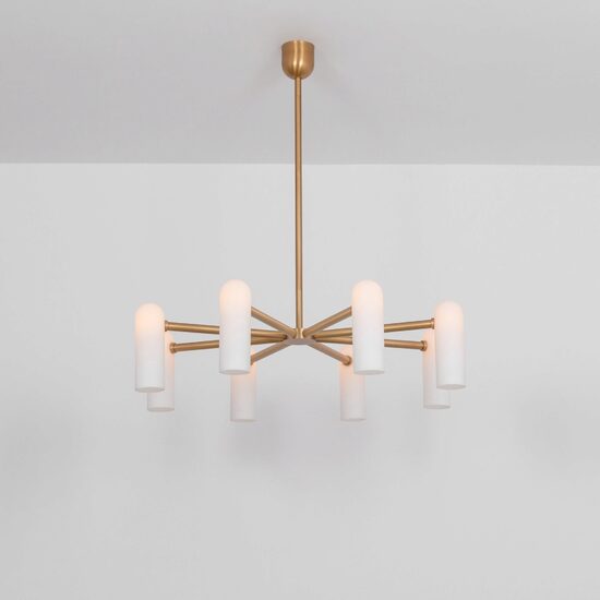 Candelabru modern cu 8 brate din alama masiva si abajururi din sticla opal, Odyssey MD, B155 SchwungHome