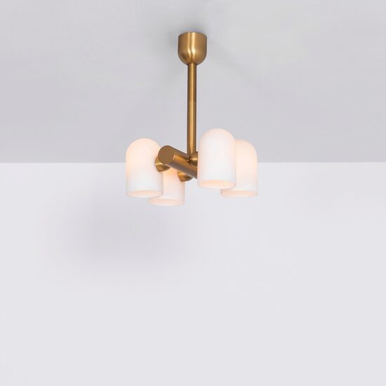 Candelabru modern cu 4 brate din alama masiva si abajururi din sticla opal, Odyssey, B141 SchwungHome