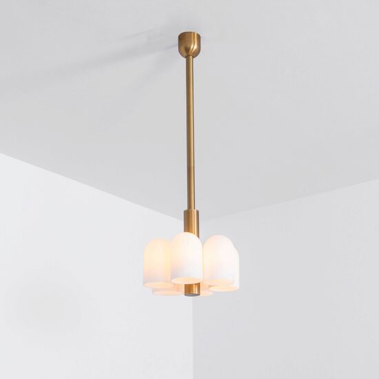 Candelabru modern cu 6 brate din alama masiva si abajururi din sticla opal, Odyssey, B142 SchwungHome