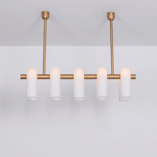 Candelabru modern cu 10 brate din alama masiva si abajururi din sticla opal, Odyssey Linear SM, B144 SchwungHome