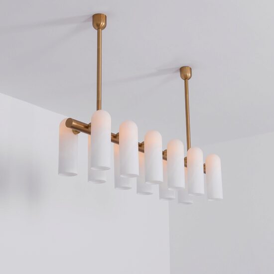 Candelabru modern cu 12 brate din alama masiva si abajururi din sticla opal, Odyssey Linear MD, B157 SchwungHome