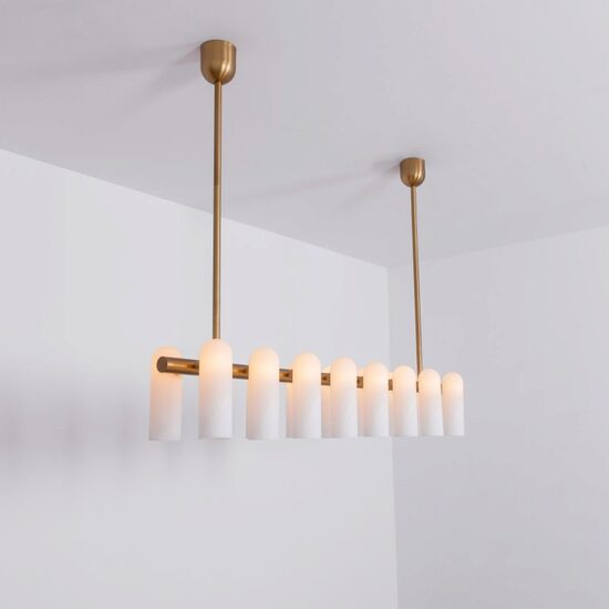 Candelabru modern cu 16 brate din alama masiva si abajururi din sticla opal, Odyssey Linear LG, B158 SchwungHome